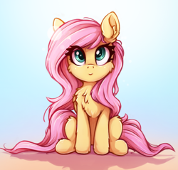 Size: 660x632 | Tagged: safe, alternate version, artist:zeepheru_pone, character:fluttershy, species:pegasus, species:pony, g4, cheek fluff, chest fluff, cute, ear fluff, eye clipping through hair, female, fluffy, front view, full face view, gradient background, looking at you, looking up, looking up at you, mare, shyabetes, simple background, sitting, smiling, solo, tail