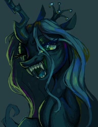 Size: 922x1192 | Tagged: safe, artist:onionpwder, character:queen chrysalis, species:changeling, g4, changeling queen, fangs, female, gray background, looking at you, open mouth, open smile, sharp teeth, simple background, smiling, solo, teeth
