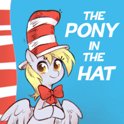 Size: 1200x1200 | Tagged: safe, artist:anonymous, character:derpy hooves, species:pegasus, species:pony, g4, 4chan, clothing, cute, derpabetes, dr. seuss, drawthread, female, hat, looking at you, mare, ponified, solo, species swap, text, the cat in the hat, three quarter view, underp