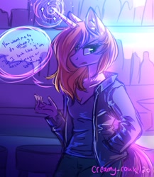 Size: 2000x2300 | Tagged: safe, artist:creamy_roux, oc, oc only, oc:cerise, species:anthro, species:unicorn, 2020, annoyed, anthro oc, bar, censored vulgarity, clothing, dialogue, female, glowing horn, high res, horn, jacket, magic, magic aura, mare, old art, open mouth, solo, speech bubble, text, three quarter view, unamused, unicorn oc