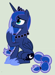 Size: 1600x2171 | Tagged: safe, artist:evilfrenzy, character:princess luna, species:alicorn, species:pony, g4, alternate hairstyle, alternate tailstyle, clothing, crown, ethereal mane, female, formal wear, galaxy mane, green background, hoof shoes, jewelry, mare, necklace, profile, raised hoof, raised leg, regalia, shoes, simple background, sitting, smiling, solo, tail, touching face