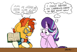 Size: 1024x698 | Tagged: safe, artist:bobthedalek, character:starlight glimmer, character:sunburst, species:pony, species:unicorn, newbie artist training grounds, ship:starburst, g4, atg 2022, blaze (coat marking), book, coat markings, cute, dialogue, duo, duo male and female, facial markings, female, glimmerbetes, head in hooves, like father like daughter, like parent like child, looking at someone, male, mare, scribbles, scrunchy face, shipping, signature, simple background, socks (coat marking), speech bubble, stallion, straight, sunbetes, talking, text, thought bubble, white background