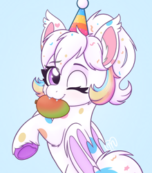 Size: 1558x1770 | Tagged: safe, artist:msaniiart, oc, oc:confetti cupcake, species:bat pony, species:pony, g4, bat pony oc, blue background, cheek fluff, clothing, colored hooves, cute, cute little fangs, ear fluff, eye clipping through hair, eyebrows, eyebrows visible through hair, fangs, female, food, hat, holding, hooves, leg fluff, looking at you, mango, mare, mouth hold, one eye closed, party hat, raised hoof, sharp teeth, signature, simple background, solo, three quarter view, underhoof, unshorn fetlocks, winking at you