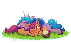 Size: 1200x727 | Tagged: safe, artist:kaereth, character:izzy moonbow, character:sunny starscout, ship:starbow, blushing, cuddling, grass, leg fluff, shipping