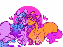 Size: 2048x1536 | Tagged: safe, artist:rare-apples, character:izzy moonbow, character:sunny starscout, ship:starbow, blushing, cuddling, heart, leg fluff, shipping