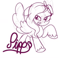 Size: 1276x1249 | Tagged: safe, artist:stellar eclipse, part of a set, character:pipp petals, species:pegasus, species:pony, g5, circlet, female, floppy ears, looking sideways, mare, monochrome, pipp wings, raised hoof, simple background, sketch, smiling, solo, spread wings, text, unshorn fetlocks, white background, wings