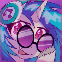 Size: 900x900 | Tagged: safe, artist:provolonepone, character:dj pon-3, character:vinyl scratch, species:pony, species:unicorn, g4, bust, chromatic aberration, colored hooves, female, glasses, glowing eyes, headphones, hooves, looking at you, mare, portrait, retro, robot, robot pony, solo, unshorn fetlocks, vaporwave