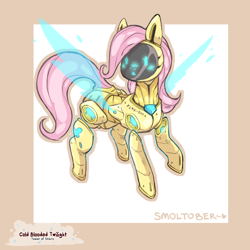 Size: 1200x1200 | Tagged: safe, alternate version, artist:cold-blooded-twilight, character:fluttershy, species:pony, g4, blushing, explicit source, female, filly, floating, flutterbot, foal, glowing, machine, mecha, robot, robot pony, roboticization, screen, solo, tail, young