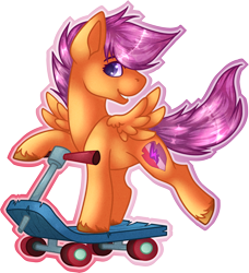 Size: 2306x2529 | Tagged: safe, artist:chvrchgrim, derpibooru original, character:apple bloom, character:scootaloo, character:sweetie belle, species:pegasus, species:pony, g4, colored eyebrows, colored hooves, colored pupils, cute, cutealoo, cutie mark crusaders, eyebrows, fanart, female, filly, foal, hooves, looking at you, profile, raised hoof, raised leg, scooter, simple background, small wings, smiling, spread wings, transparent background, unshorn fetlocks, wings, young