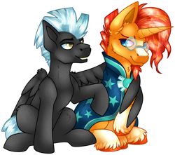 Size: 1656x1462 | Tagged: safe, artist:chvrchgrim, character:sunburst, character:thunderlane, species:pegasus, species:pony, species:unicorn, g4, clothing, coat markings, colored eyebrows, colored hooves, colored pupils, eyebrows, gay, glasses, hooves, hug, looking at each other, looking at someone, male, raised hoof, robe, shipping, simple background, sitting, socks (coat marking), stallion, three quarter view, thunderburst, transparent background, unshorn fetlocks, winghug, wings, wizard