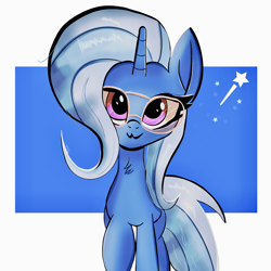 Size: 2048x2048 | Tagged: safe, artist:thebigstuff89, character:trixie, species:pony, species:unicorn, g4, :3, abstract background, cute, diatrixes, female, front view, full face view, glasses, looking at you, mare, neck fluff, signature, simple background, smiling, smiling at you, solo