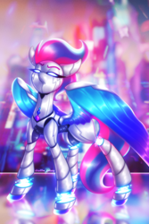 Size: 2000x3000 | Tagged: safe, artist:shad0w-galaxy, character:zipp storm, species:pegasus, species:pony, g5, colored eyebrows, colored wings, cyberpunk, explicit source, eyebrows, female, frown, glowing, glowing eyes, high res, mare, multicolored hair, multicolored wings, robot, robot pony, roboticization, shiny, solo, spread wings, watermark, wings