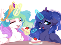 Size: 5000x3763 | Tagged: safe, artist:xsatanielx, character:princess celestia, character:princess luna, species:alicorn, species:pony, g4, absurd resolution, anniversary, cake, cakelestia, chest fluff, crown, cute, cutelestia, duo, duo female, ethereal mane, eyes closed, female, floppy ears, food, fork, galaxy mane, glowing, glowing horn, happy, happy birthday mlp:fim, herbivore, horn, jewelry, lunabetes, magic, magic aura, mare, mlp fim's eleventh anniversary, one eye open, open mouth, open smile, regalia, royal sisters, siblings, simple background, sisters, smiling, strawberry, telekinesis, that pony sure does love cakes, three quarter view, white background