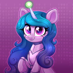Size: 4000x4000 | Tagged: safe, artist:confetticakez, patreon reward, character:izzy moonbow, oc, oc:izzy moonbot, species:pony, species:unicorn, g5, absurd resolution, ball, bust, eyes open, female, gradient hair, horn, hornball, izzy's tennis ball, looking at you, mare, multicolored hair, patreon, raised hoof, robot, robot pony, roboticization, smiling, smiling at you, solo, tennis ball, toy