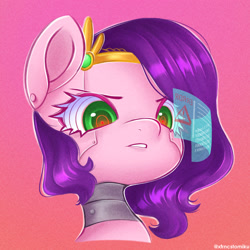 Size: 2000x2000 | Tagged: safe, artist:xfrncstomiku, part of a set, character:pipp petals, species:pegasus, species:pony, g5, bust, circlet, commission, cybernetic eyes, cyborg, error message, female, gradient background, hologram, looking at you, mare, pipp wings, pippbot, portrait, robot, robot pony, roboticization, solo, stern