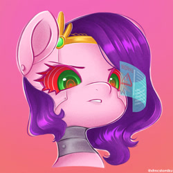 Size: 2000x2000 | Tagged: safe, alternate version, artist:xfrncstomiku, part of a set, character:pipp petals, species:pegasus, species:pony, g5, bust, circlet, commission, cybernetic eyes, cyborg, error message, female, gradient background, hologram, looking at you, mare, pipp wings, pippbot, portrait, red eyes, robot, robot pony, roboticization, solo, stern, wings