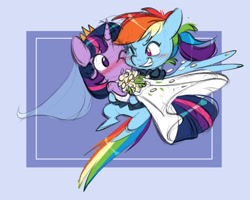 Size: 1280x1022 | Tagged: safe, artist:chub-wub, character:rainbow dash, character:twilight sparkle, character:twilight sparkle (alicorn), species:alicorn, species:pegasus, species:pony, ship:twidash, g4, alternate hairstyle, blushing, bow tie, bridal carry, carrying, clothing, coat, crown, cute, dashabetes, dress, duo, female, flower, grin, jewelry, lesbian, lesbian wedding, mare, marriage, one eye closed, ponytail, regalia, ring, shipping, smiling, suit, tuxedo, twiabetes, wedding, wedding dress, wedding ring, wedding suit, wedding veil, wink