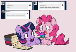 Size: 1280x877 | Tagged: safe, artist:chub-wub, part of a set, character:pinkie pie, character:twilight sparkle, character:twilight sparkle (alicorn), species:alicorn, species:earth pony, species:pony, ship:twinkie, g4, ask, blushing, book, chibi, cupcake, cute, diapinkes, duo, female, food, lesbian, lying down, mare, open mouth, plate, prone, reading, shipping, tumblr, twiabetes
