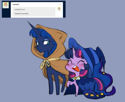 Size: 1280x1039 | Tagged: safe, artist:chub-wub, part of a set, character:clover the clever, character:princess luna, character:star swirl the bearded, character:twilight sparkle, character:twilight sparkle (alicorn), species:alicorn, species:pony, ship:twiluna, g4, ask, blue background, blushing, chibi, cloak, clothing, costume, cute, duo, female, hat, holiday, lesbian, lunabetes, mare, nightmare night, nightmare night costume, open mouth, raised hoof, robe, rope, shipping, simple background, tumblr, twiabetes, wizard hat, wizard robe