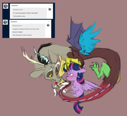 Size: 1280x1166 | Tagged: safe, artist:chub-wub, part of a set, character:discord, character:twilight sparkle, character:twilight sparkle (alicorn), species:alicorn, species:draconequus, species:pony, ship:discolight, g4, ask, beard, blushing, brown background, chibi, cute, duo, facial hair, fangs, female, male, mare, open mouth, pouting, profile, sharp teeth, shipping, simple background, straight, tsundere, tumblr, twiabetes