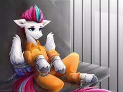 Size: 2560x1920 | Tagged: safe, artist:buvanybu, character:zipp storm, species:pegasus, species:pony, g5, bondage, bound wings, cell, chains, clothing, colored eyebrows, colored hooves, colored wings, cuffs, eyebrows, female, hooves, indoors, jail, jail cell, jumpsuit, mare, multicolored wings, prison, prison outfit, sitting, solo, unshorn fetlocks, wings