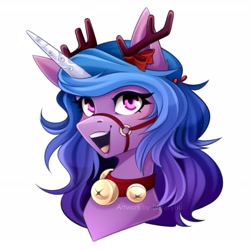 Size: 2953x2953 | Tagged: safe, artist:buvanybu, character:izzy moonbow, species:pony, species:unicorn, g5, antlers, bell, bell collar, bust, collar, cute, gradient hair, halter, izzybetes, looking at you, multicolored hair, open mouth, open smile, portrait, reindeer antlers, simple background, smiling, smiling at you, solo, tack, white background