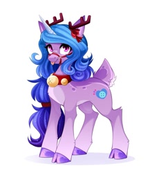 Size: 1104x1200 | Tagged: safe, artist:buvanybu, character:izzy moonbow, species:deer, species:pony, species:reindeer, species:unicorn, g5, antlers, bell, bell collar, blep, cloven hooves, collar, colored hooves, cute, deerified, gradient hair, halter, hooves, izzybetes, looking at you, multicolored hair, open mouth, open smile, original species, reindeer antlers, reindeerified, simple background, smiling, smiling at you, solo, species swap, tack, three quarter view, tongue out, white background
