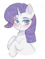 Size: 1024x1331 | Tagged: safe, artist:freyamilk, character:rarity, species:pony, species:unicorn, g4, colored eyebrows, eyebrows, female, hooves, hooves to the chest, jewelry, looking at you, mare, necklace, pearl necklace, signature, simple background, solo, starry eyes, white background