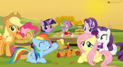Size: 4745x2602 | Tagged: safe, artist:shutterflyeqd, character:applejack, character:fluttershy, character:pinkie pie, character:rainbow dash, character:rarity, character:spike, character:starlight glimmer, character:twilight sparkle, character:twilight sparkle (alicorn), species:alicorn, species:dragon, species:earth pony, species:pegasus, species:pony, species:unicorn, g4, ^^, apple, burger, cider, drink, eyes closed, female, food, gem, hay, hay burger, holiday, male, mane seven, mane six, mare, pumpkin, thanksgiving, water