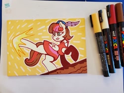 Size: 2048x1536 | Tagged: safe, artist:dandy, oc, oc only, species:pegasus, species:pony, clothing, commission, dress, eyebrows, eyebrows visible through hair, eyelashes, female, folded wings, hat, kicking, lip bite, mare, marker drawing, solo, tail, traditional art, wings