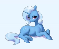 Size: 3320x2750 | Tagged: safe, artist:aquaticvibes, character:trixie, species:pony, species:unicorn, g4, blue background, cute, cutie mark, diatrixes, eyebrows, eyelashes, female, horn, looking at you, mare, simple background, smiling, solo, tail