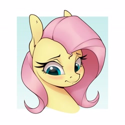 Size: 3075x3075 | Tagged: safe, artist:aquaticvibes, character:fluttershy, species:pegasus, species:pony, g4, blushing, eyebrows, eyelashes, female, frown, looking down, mare, simple background, solo