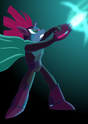 Size: 2894x4093 | Tagged: safe, artist:fizzban08, manebooru original, character:tempest shadow, species:anthro, g4, blaster, cape, clothing, crossover, manechat challenge, megaman