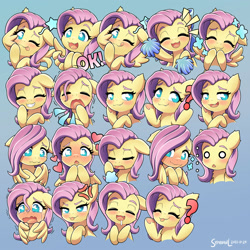 Size: 2000x2000 | Tagged: safe, artist:symbianl, character:fluttershy, species:pegasus, species:pony, g4, ..., :3, aside glance, bedroom eyes, blank eyes, blushing, bow, breath, bust, cheek fluff, chest fluff, colored eyebrows, covering mouth, cross-popping veins, cute, drool, emanata, exhale, expressions, eyebrows, eyes closed, feather fingers, female, floppy ears, gray background, grin, hair bow, heart, heart eyes, high res, looking at you, looking down, mare, mischievous, no pupils, ok, one eye closed, open mouth, open smile, pom pom, question mark, raised eyebrow, raised hoof, sad, shaking, shrug, shy, shyabetes, simple background, smiling, smiling at you, snaggletooth, solo, spread wings, starry eyes, stars, stray strand, supporting head, teary eyes, three quarter view, tongue out, underhoof, vein, wavy eyes, wavy mouth, wing hands, wingding eyes, wings, wink, winking at you, yawn