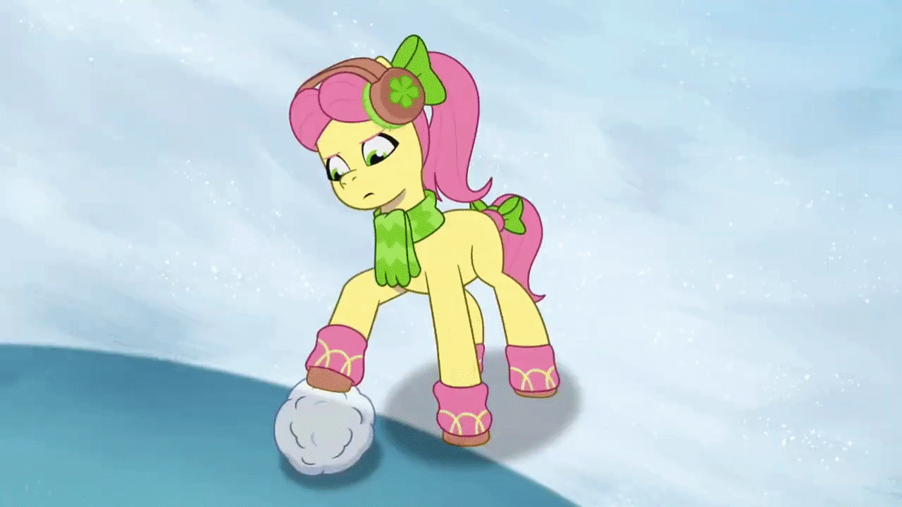 Size: 1280x720 | Tagged: safe, screencap, character:posey bloom, character:zipp storm, species:earth pony, species:pegasus, species:pony, episode:snow pun intended, g5, my little pony: tell your tale, spoiler:tyts01e37, absurd file size, absurd gif size, animated, clothing, duo, duo female, earmuffs, female, gif, gulp, mare, posey can't catch a break, running away, scarf, snow, snowball, tree