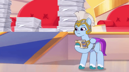 Size: 520x293 | Tagged: safe, screencap, character:queen haven, character:zoom zephyrwing, species:pegasus, species:pony, g5, my little pony: tell your tale, spoiler:my little pony: tell your tale, spoiler:tyts01e17, animated, cellphone, duo, female, guard, guardsmare, helmet, mare, paper, pegasus royal guard, phone, queens for a day, royal guard