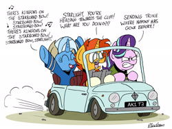 Size: 2423x1819 | Tagged: safe, artist:bobthedalek, character:starlight glimmer, character:sunburst, character:trixie, species:pony, species:unicorn, newbie artist training grounds, g4, angry, atg 2018, car, clothing, costume, crossover, dialogue, driving, eyes closed, fake ears, female, fiat, fiat 500, gritted teeth, male, map, mare, open mouth, signature, singing, song reference, stallion, star trek, text, this will end in death, this will end in pain