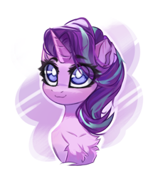 Size: 2884x3460 | Tagged: safe, artist:jfrxd, character:starlight glimmer, species:pony, g4, abstract background, bust, chest fluff, cute, eye clipping through hair, eyebrows, eyebrows visible through hair, female, glimmerbetes, mare, simple background, smiling, solo, white background, white pupils