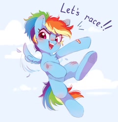 Size: 1010x1049 | Tagged: safe, artist:melodylibris, character:rainbow dash, species:pegasus, species:pony, g4, bandage, bandaid, bandaid on nose, dialogue, female, filly, filly rainbow dash, flying, open mouth, ponytail, redraw, scrapes, solo, talking to viewer, underhoof, young, younger