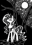 Size: 1368x1916 | Tagged: safe, artist:jejejoja, character:princess luna, species:alicorn, species:pony, g4, black and white, dream walker luna, ethereal mane, featured on derpibooru, female, galaxy mane, grayscale, ink drawing, looking up, mare, monochrome, night, night sky, sky, solo, standing, traditional art, tree