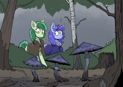 Size: 1754x1240 | Tagged: safe, artist:paskanaakka, oc, oc only, oc:bittergreen, oc:midnight dew, species:earth pony, species:pony, species:unicorn, cloak, clothing, duo, duo female, ear fluff, explicit source, eyelashes, female, females only, forest, horn, mare, mushroom, smiling, tree, tree stump, wide eyes
