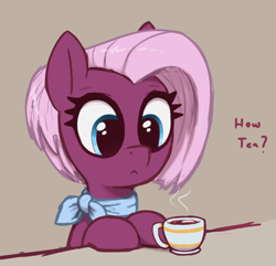 Size: 2150x2070 | Tagged: safe, artist:t72b, derpibooru original, character:jasmine leaf, species:earth pony, species:pony, g4, clothing, cup, drink, earth pony problems, explicit source, eyelashes, female, mare, neckerchief, solo, tea, teacup, text