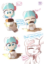 Size: 724x1042 | Tagged: safe, artist:0x8martix, character:coco pommel, species:earth pony, species:pony, g4, coffee, coffee cup, colored pupils, comic, cute, dialogue, drink, eyes closed, female, hand, head pat, hoof hold, mare, offscreen character, onomatopoeia, open mouth, open smile, raised hoof, simple background, smiling, speech bubble, text, white background