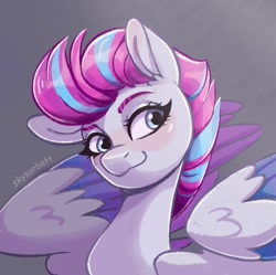 Size: 1024x1019 | Tagged: safe, artist:skysorbett, artist:skysorbett_art, character:zipp storm, species:pegasus, species:pony, g5, :3, adorazipp, blushing, cute, female, gradient background, looking at you, mare, smiling, smirk, solo, wings