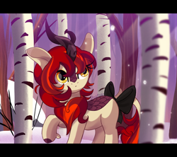 Size: 3040x2700 | Tagged: safe, artist:spookyle, oc, oc:pumpkin patch, species:kirin, g4, bow, colored hooves, cute, female, forest, hooves, kirin oc, non-pony oc, ocbetes, raised hoof, signature, snow, solo, tail bow, tree
