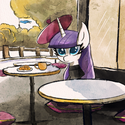 Size: 2048x2048 | Tagged: safe, artist:thebigstuff89, character:rarity, species:pony, species:unicorn, g4, beret, cafe, clothing, colored pupils, cup, cushion, digital art, digital painting, female, hat, looking at you, mare, mug, outdoors, signature, sitting, solo, sweater, table, turtleneck