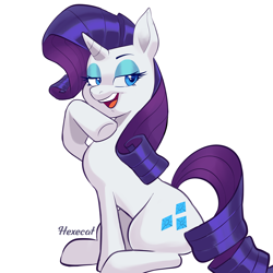 Size: 3000x3000 | Tagged: safe, artist:hexe_cat, character:rarity, species:pony, species:unicorn, g4, eyebrows, eyeshadow, looking sideways, makeup, open mouth, raised hoof, signature, simple background, sitting, solo, white background