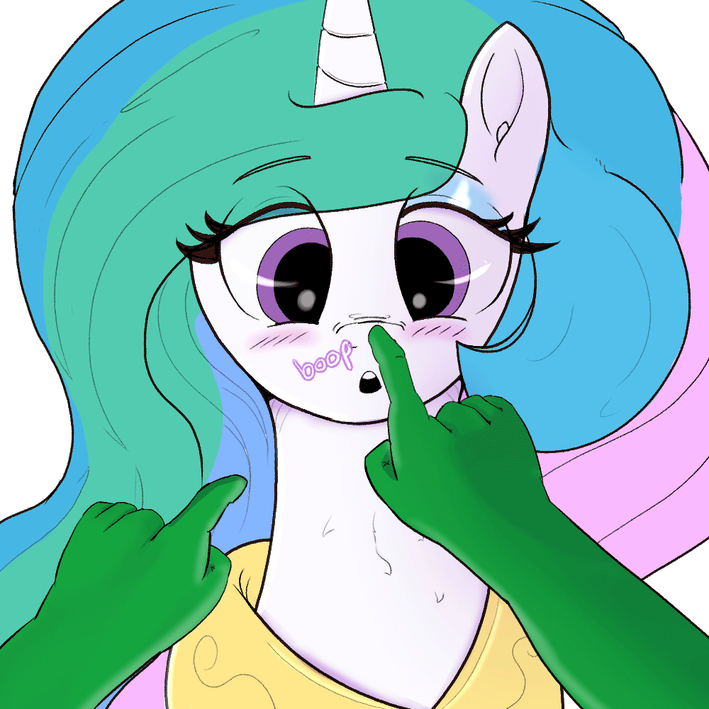 Size: 1000x1000 | Tagged: safe, artist:enonnnymous, derpibooru original, character:daybreaker, character:princess celestia, oc, oc:anon, species:alicorn, species:human, species:pony, series:anon loves celestia, g4, animated, blushing, boop, eyebrows, eyebrows visible through hair, female, gif, hand, looking down, mare, offscreen character, pov, simple background, transparent background