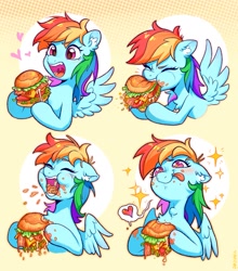 Size: 1799x2048 | Tagged: safe, artist:universe5052, character:rainbow dash, species:pegasus, species:pony, g4, abstract background, bacon, blep, cheese, cute, dashabetes, ear fluff, eating, eyes closed, female, floating heart, floppy ears, food, heart, lettuce, licking, licking lips, mare, meat, messy, messy eating, open mouth, ponies eating meat, sandwich, solo, spread wings, starry eyes, tomato, tongue out, wingding eyes, wings