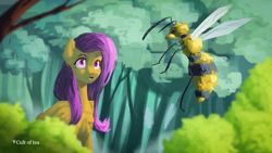 Size: 1920x1080 | Tagged: safe, artist:haku nichiya, character:fluttershy, species:pegasus, species:pony, g4, bee, colored eyebrows, eyebrows, female, forest, insect, mare, open mouth, signature, solo, surprised